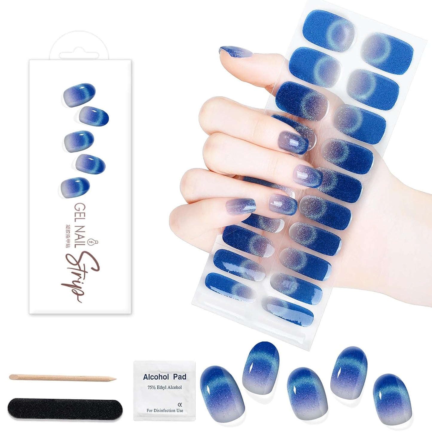 WOKOTO 1 Sheet Semi Cured Gel Nail Strips With Wood Stick, Nail File & Prepared Pads, 20 Tips Cat Eye French Semi Cured Nail Polish Strips, Harden With UV Light Gel Nail Wraps Stickers For Women