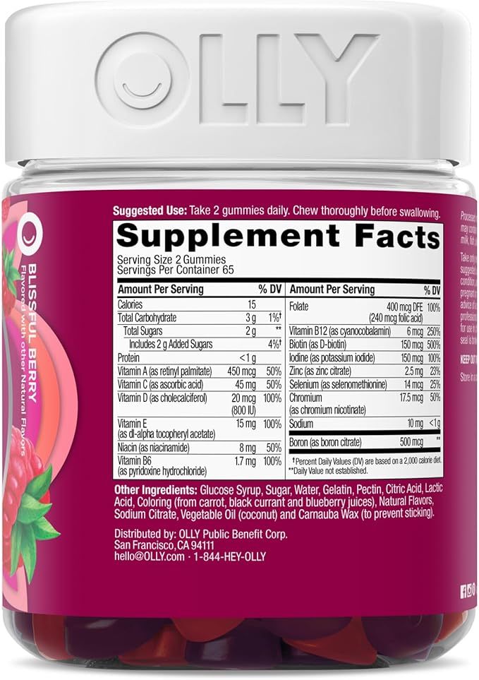OLLY Women's Multivitamin Gummy, Vitamins A, D, C, E, Biotin, Folic Acid, Adult Chewable Vitamin, Berry Flavor, 65 Day Supply - 130 Count (Packaging May Vary)