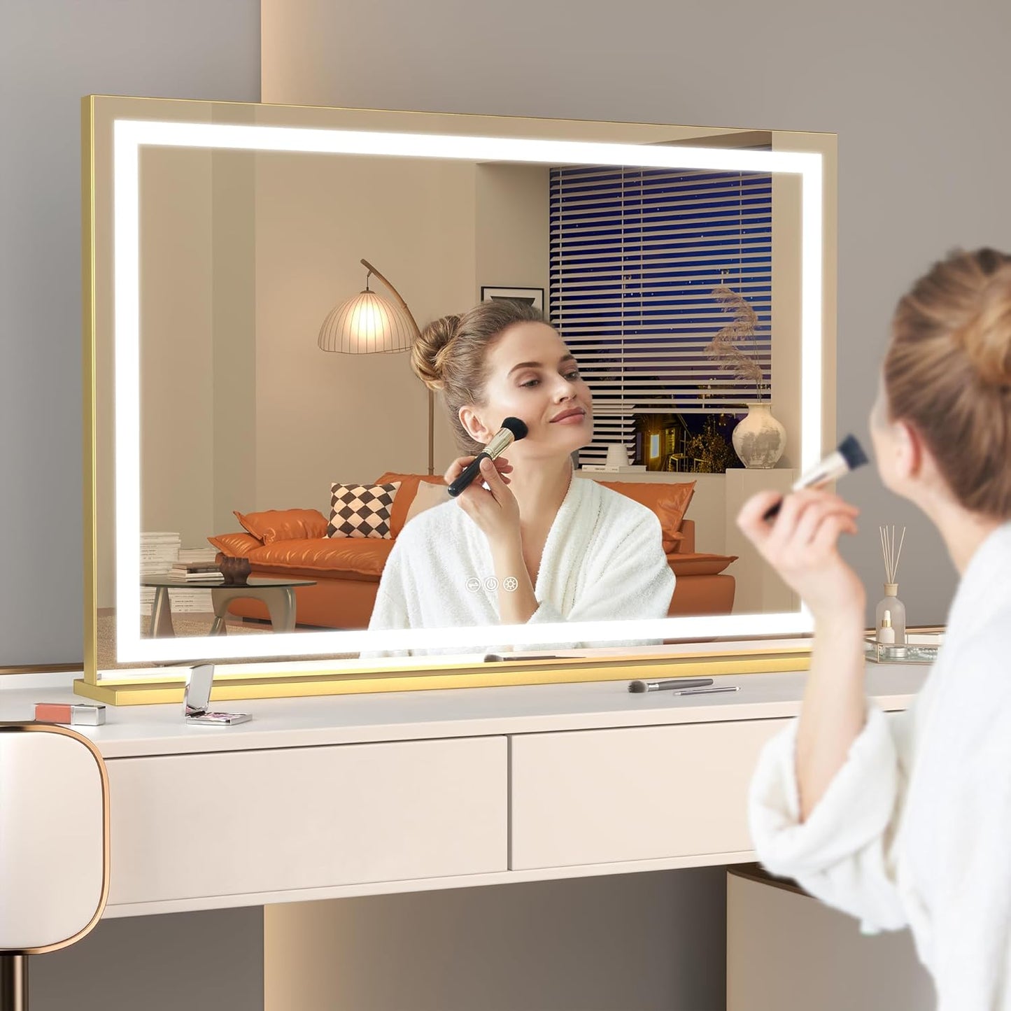 Hasipu Vanity Mirror with Lights, 40" x 30" LED Makeup Mirror, Lighted Makeup Mirror with Dimmable 3 Modes, Touch Screen Control Vanity Mirror Square Gold