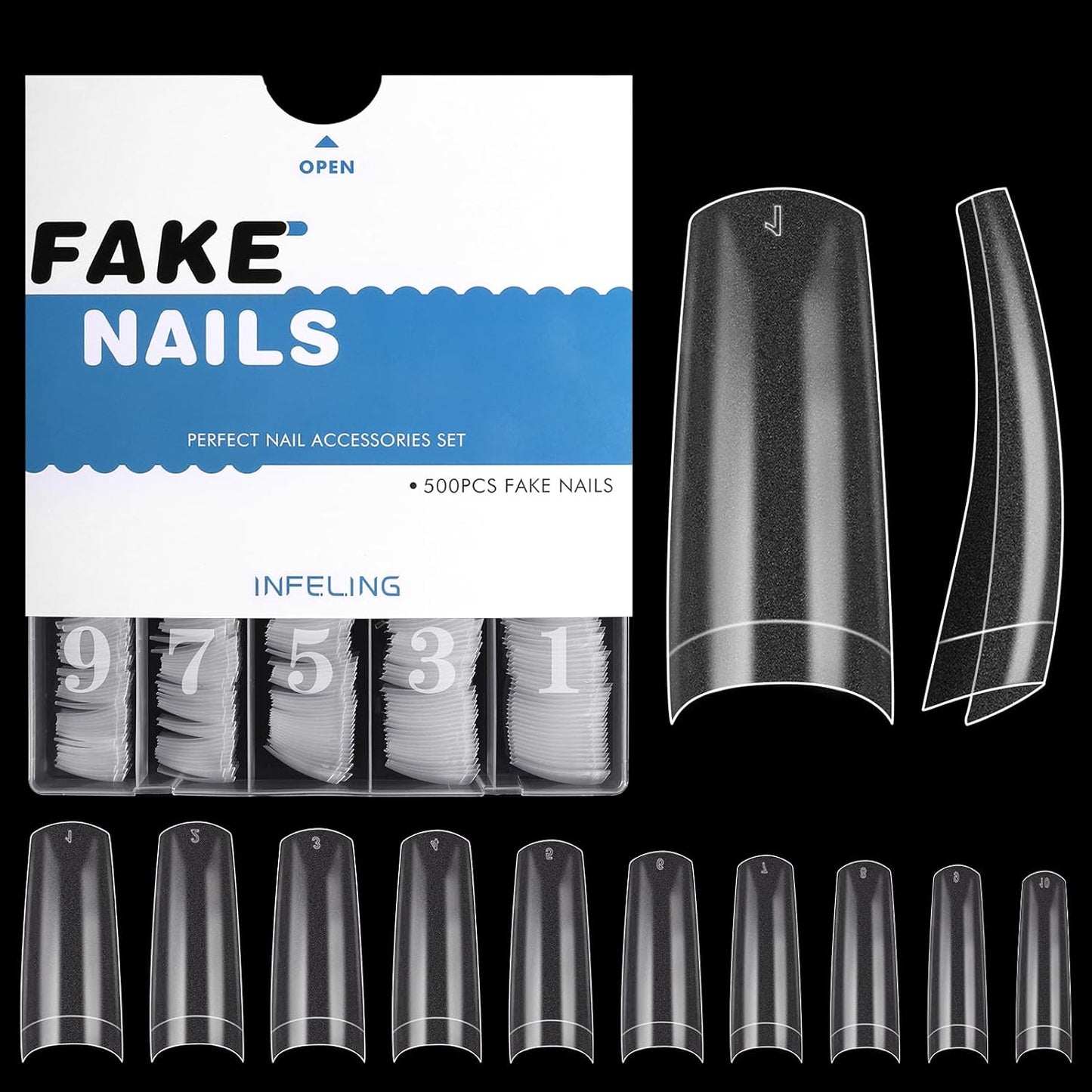 Long Coffin Nails Tip - INFELING Clear Gel Nail Tips 500PCS Half Cover Nail Tips for Acrylic Nails Professional with Box for Nail Salons Home, 10 Sizes