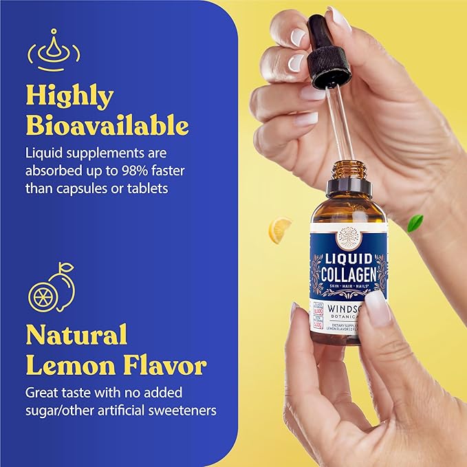 Concentrated Liquid Collagen Peptides Supplement - Hair, Skin, Nail, Joints Support - Sublingual Drops by WINDSOR BOTANICALS - 10,000mcg Collagen, 5,000mcg Biotin - Lemon Flavor - 2-Month - 2 oz