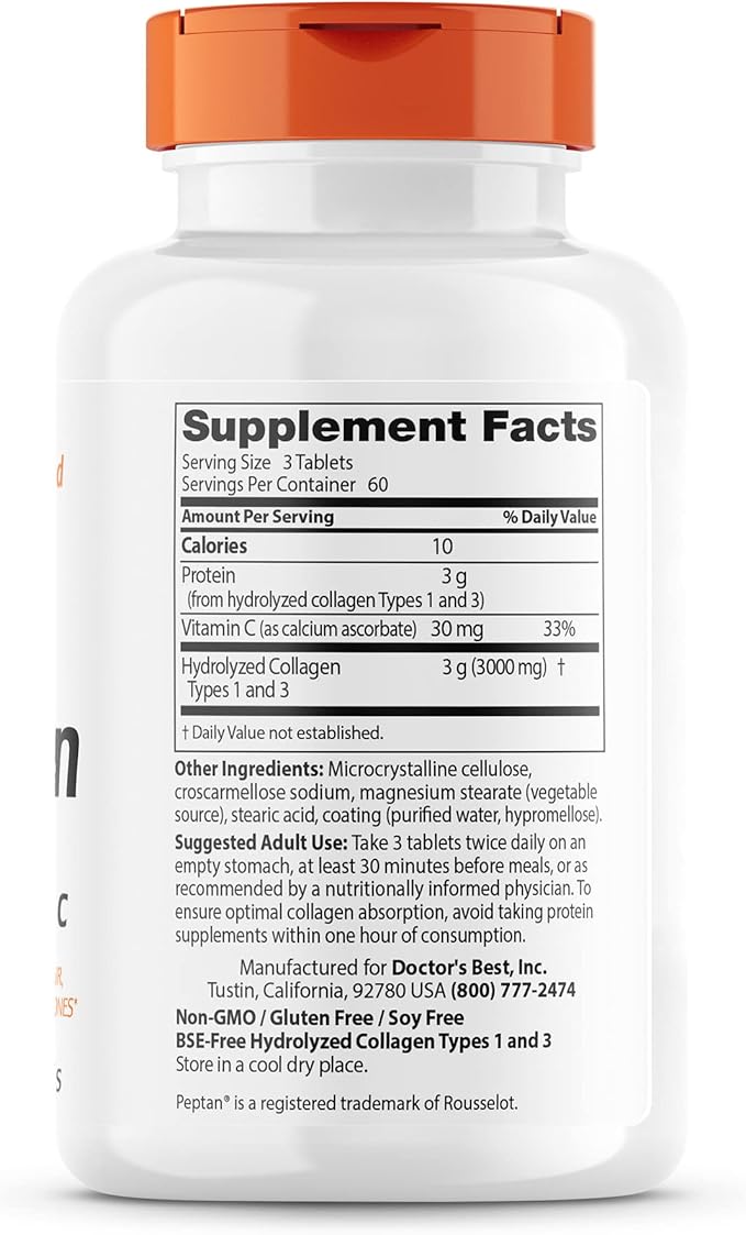 Doctor's Best Collagen Types 1 & 3 with Peptan, Non-GMO, Gluten Free, Soy Free, Supports Hair, Skin, Nails, Tendons & Bones, 1000 mg, 180 Tablets
