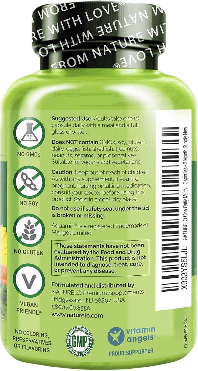 NATURELO One Daily Multivitamin for Men - with Vitamins & Minerals + Organic Whole Foods - Supplement to Boost Energy, General Health - Non-GMO - 60 Capsules - 2 Month Supply