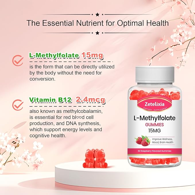 L-Methylfolate 15mg Gummies, Methylated Multivitamin with Methylated B12, Active 5-MTHF Form, Supports MTHFR Mutation, Methylation, Mood & Cognition, Vegan, Non-GMO, Raspberry Flavor, 60 Cts