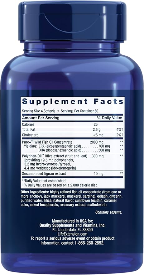 Life Extension Super Omega-3 EPA/DHA Fish Oil, Sesame Lignans & Olive Extract – Heart Health, Brain Health, Inflammation Health Support, Gluten-Free, Easy to Swallow, Non-GMO, 240 Softgels