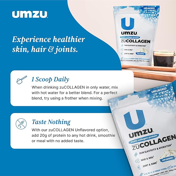 UMZU ZuCollagen Hydrolyzed Protein Powder | 5 Collagen Peptide Types for Healthy Hair, Skin, Nails, Joints & Gut | Low Calorie, High Protein (20g Protein per Serving | Unflavored)