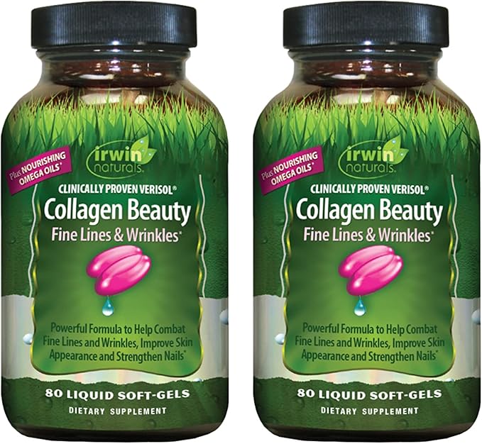 Irwin Naturals Collagen Beauty - 80 Liquid Softgels, Pack of 2 - Helps Combat Fine Lines & Wrinkles, Improves Skin Appearance & Strengthens Nails - 26 Total Servings