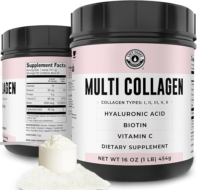 Multi Collagen Peptides Powder Types I, II, III, V, X Collagen with Hyaluronic Acid, Biotin Powder, Vitamin C, Multi Collagen Protein Powder For Skin Hair Nails Joints and Gut Health - Keto, Non-GMO