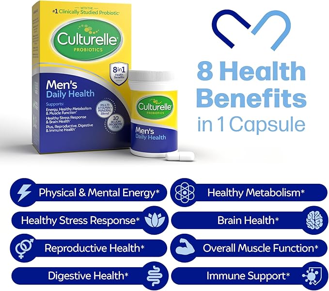 Culturelle Daily Health 8-in-1 Probiotic and Multivitamin for Men - 30 Count - Naturally-Sourced Probiotics for Digestive Health & Immune Support, with Magnesium, Vitamin D3, Vitamin C, Vitamin B12