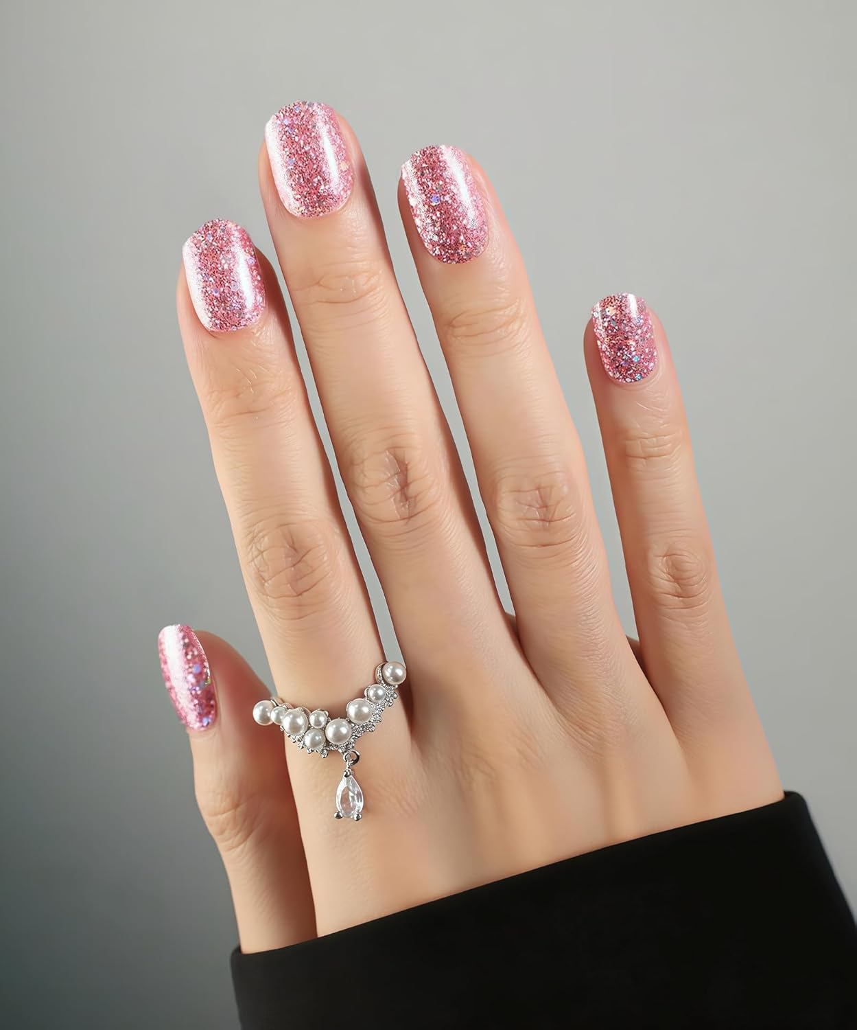 Glitter Nail Polish Strips, 32 Pcs Salon Quality Gel Nail Stickers, Long Lasting Wraps Easy to Use & Remove (Sparkling Pink)