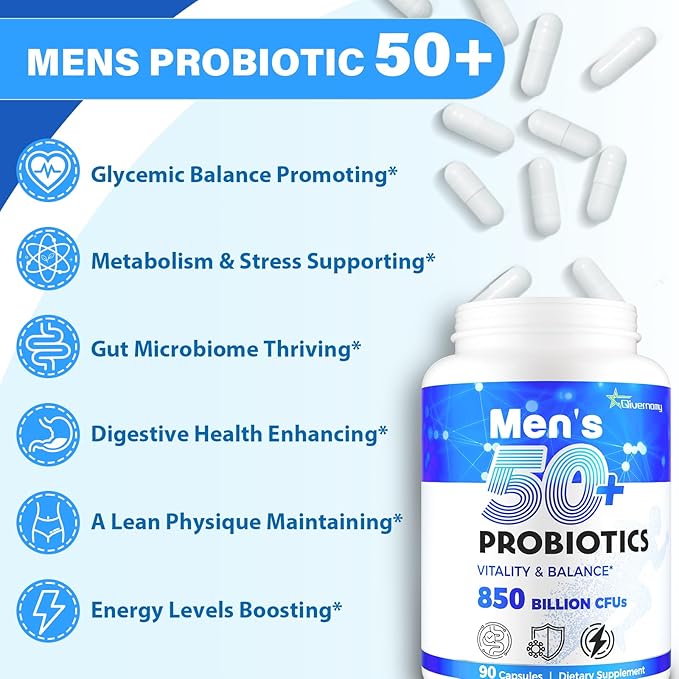 Probiotics for Men, Advanced 50+ Mens Probiotic, Comprehensive Gut & Energy Support with 850 Billion CFU, 1800mg Prebiotics Fiber – Tailored Wellness mens probiotics for gut health over 50, 630Capsule