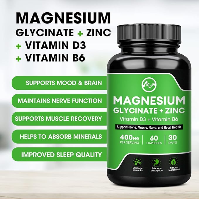 (2 Pack) Magnesium Glycinate Capsules, Magnesium Supplement 400 mg with Zinc,Vitamin D3 & B6 - Highly Bioavailable and Absorption - Bone,Heart,Joint,Immune Support - 120 Vegan Capsules for Women & Men