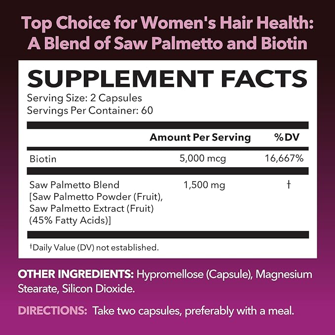 Saw Palmetto for Women + 5000 mcg Biotin Supplement | DHT Blocker Hair Health Vitamins | Supports Stronger Appearance of Hair for Women Post-Partum | 2 Month Supply Vegan Women's Saw Palmetto