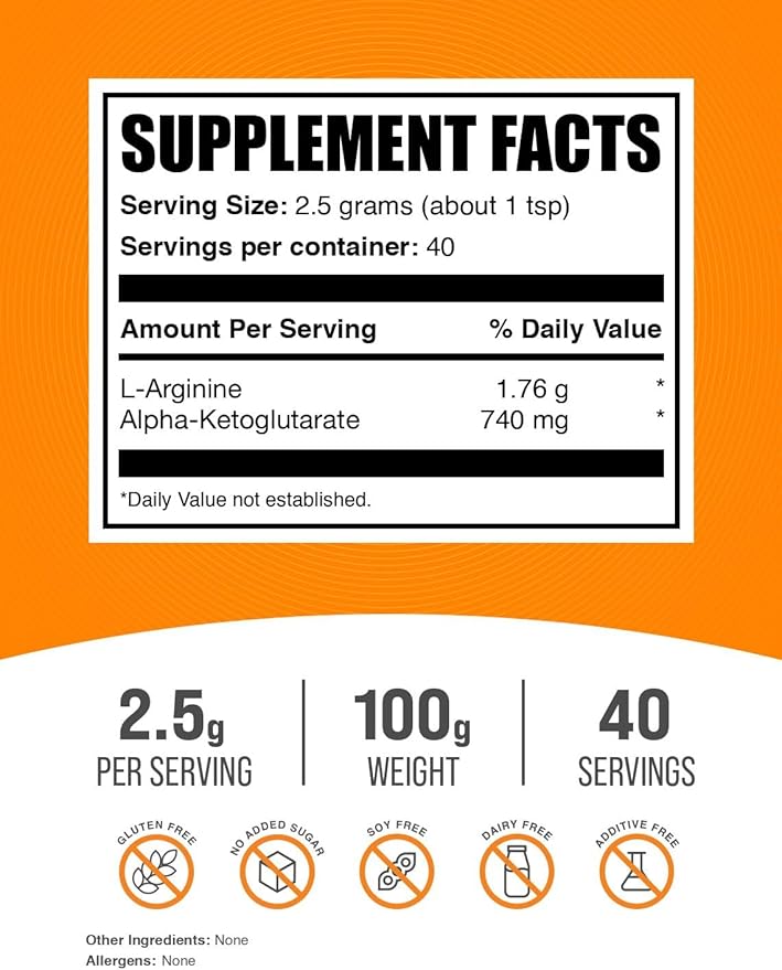 BulkSupplements.com AAKG Powder - Arginine Alpha-Ketoglutarate, AKG Supplement - Arginine Supplement, Unflavored & Gluten Free, 2500mg per Serving, 100g (3.5 oz) (Pack of 1)