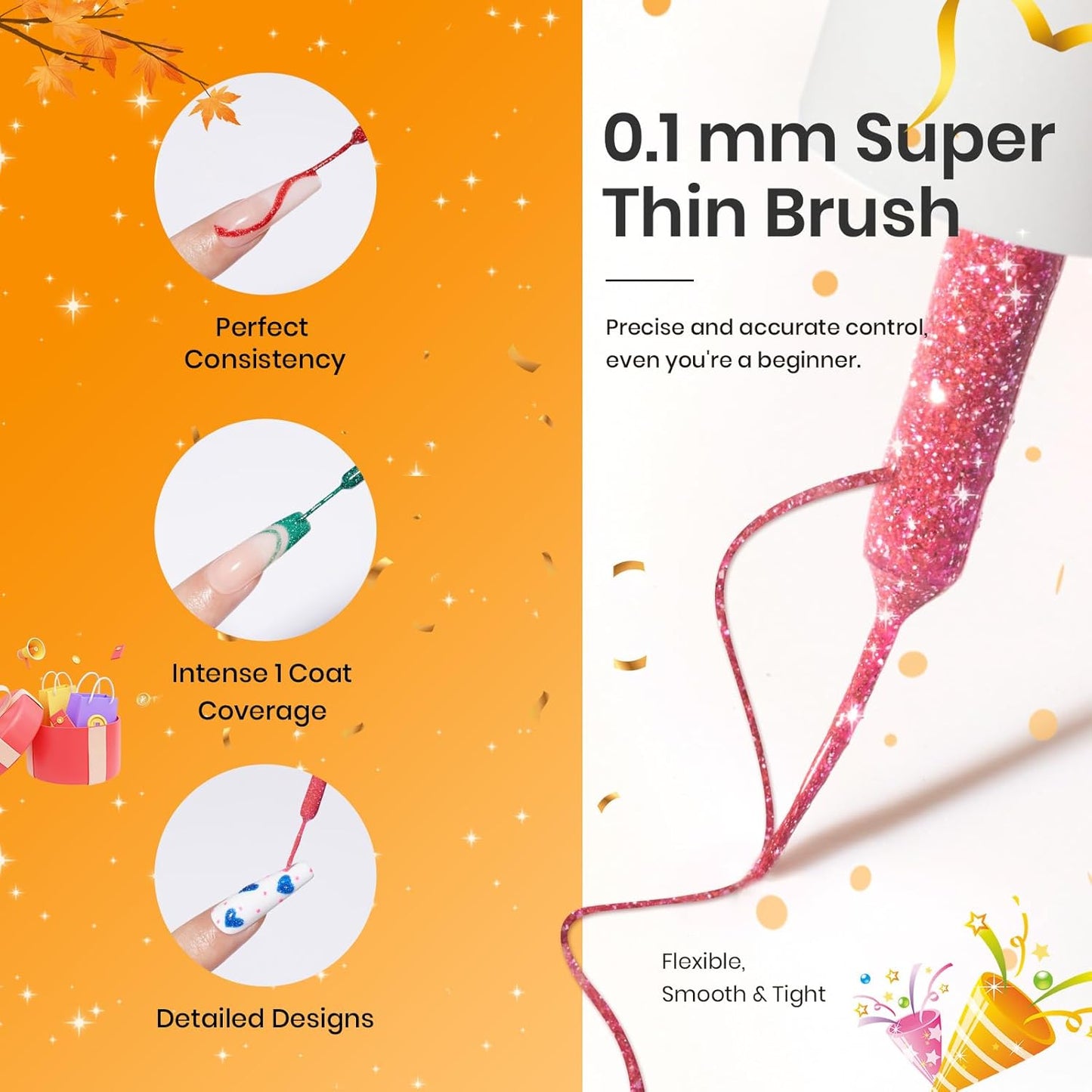 Beetles Nail Art Gel Liner Polish 12 Colors Reflective Glitter Gel Nail Polish, Gold Silver Pink Blue Purple Brown Black Kit Soak Off Uv Nail Art Design Set Summer Manicure Gifts for Women