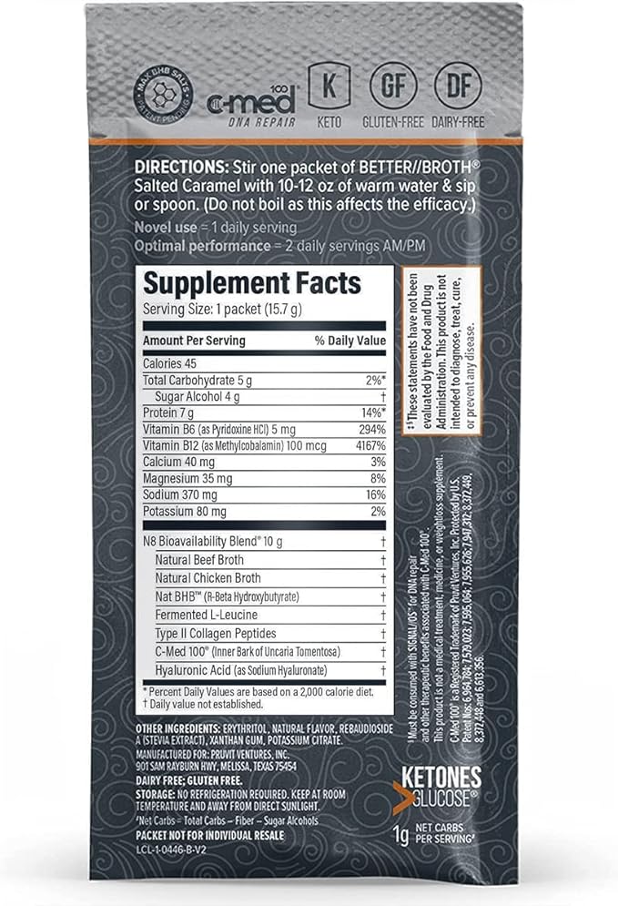 Pruvit Better Broth Salted Caramel for Joint Support, Muscle Recovery and for Improving The Appearance of Skin and Hair - 20 Count