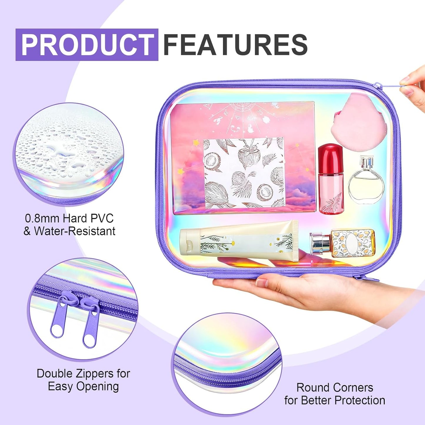 Hoolerry 4 Pcs Hard Clear Zipper Case Makeup Bags Plastic Pencil Pouch Transparent Storage Box Containers for Cosmetics, Snacks, Building Blocks, Puzzles(Purple Laser,9.8 x 7.9 x 2 in)