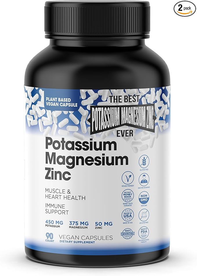 Magnesium Potassium Supplements w/Zinc - 90 Capsules (Pack of 2 Bottles)