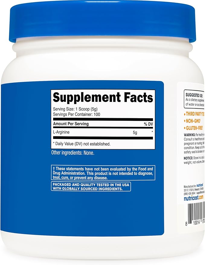 Nutricost L-Arginine Powder 500 Grams (1.1lbs) - Pure L-Arginine Powder - 5000mg Per Serving; 100 Servings