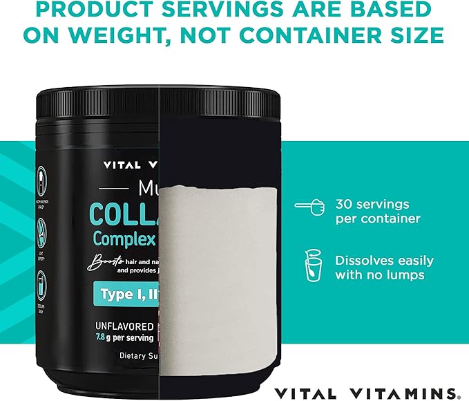 Vital Vitamins Collagen Powder Unflavored - Multi Collagen Type I, II, III, V, X - Collagen Peptides Powder for Women & Men - Promotes Hair, Skin, Nails, & Joint Health - 30 Servings