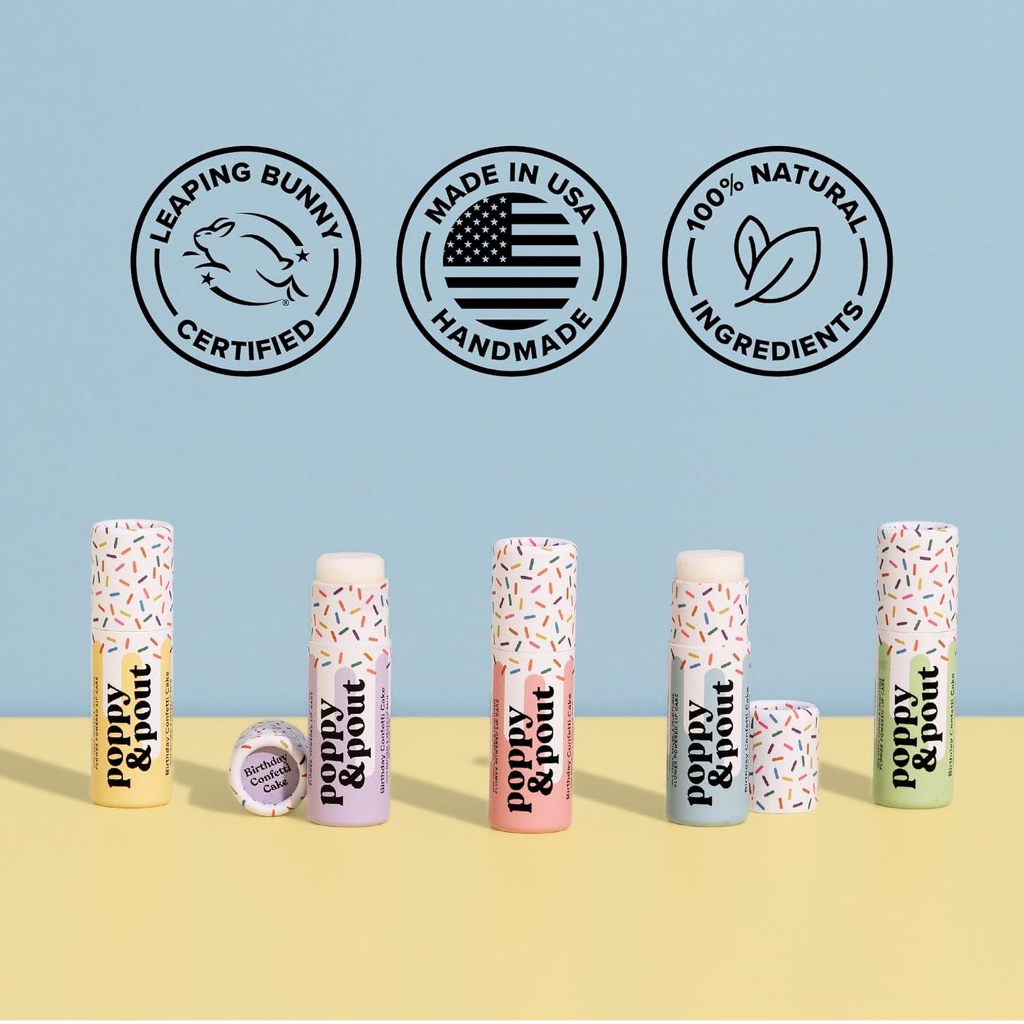 Poppy & Pout Birthday Cake Jumbo Lip Balm | All Natural Lip Balms & Moisturizers | Hydrates with Beeswax, Vitamin E, Organic Coconut Oil | Cruelty-Free | Lip Balm in Recyclable Cardboard Tube (Yellow)