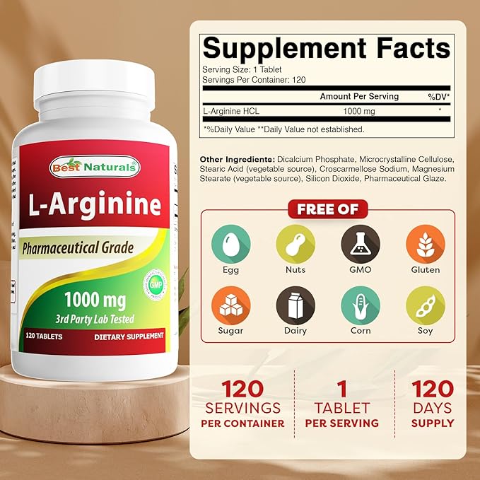 Best Naturals 3 Pack L-Arginine 1000 mg 120 Tablets - Pharmaceutical Grade L Arginine Supplement Promotes Nitric Oxide Synthesis (Total 360 Tablets)