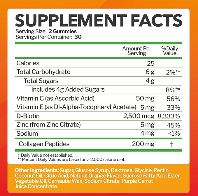 Collagen Peptides Gummies with Biotin, Vitamin C & E for Women & Men - Hair, Skin, Nails & Joints - Gluten-Free, Non-GMO - 60 Gummies