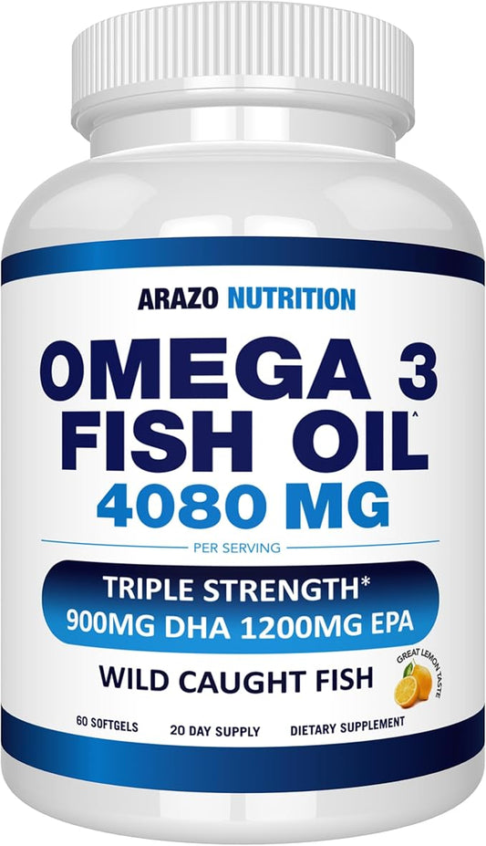 Arazo Nutrition Wild Caught Omega 3 Fish Oil – 60 Soft Gels – 4,080mg High EPA 1200mg DHA 900mg Lemon Flavor Burpless Softgels