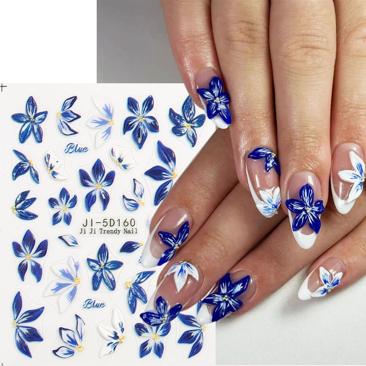 Blue Flowers Stickers for Nails 5D Embossed Flower Nail Stickers Lily Hibiscus Cherry Blossom Rose Floral Nail Decals Self Adhesive Nail Wraps Spring Summer Nails Pegatinas para Uñas 5 Sheet