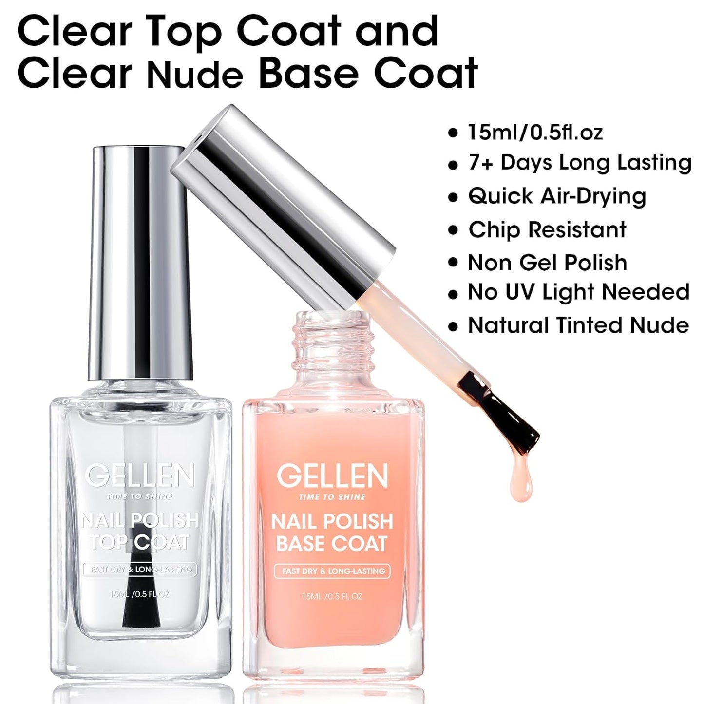 Gellen Clear Nail Polish Base Top Coat, No Wipe Shine Top Coat & 4-In-1 Tinted Nude Base Coat Strengthens Nails - Calcium, Quick Dry Natural Color Regular Nail Polish, Not UV Gel, Hema Free, Non-toxic