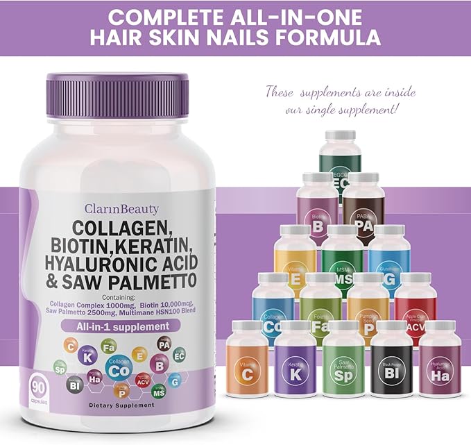 100% Natural Collagen Pills 1000mg Biotin 10000mcg Keratin Saw Palmetto 2500mg Hyaluronic Acid & Pumpkin Seed with Vitamin C and Vitamin E