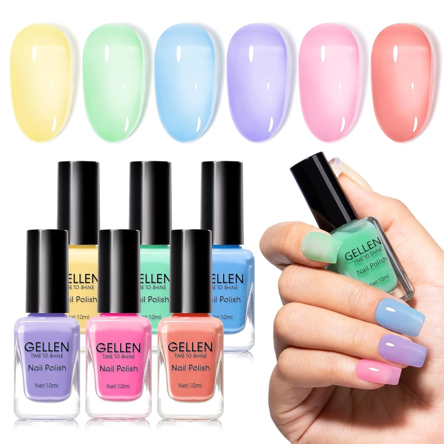 GELLEN Clear Pastel Jelly Nail Polish, Sheer Natural Regular Nail Polish Quick Dry Spring Summer 6-Color Set for Acrylic Natural Nails Home Salon, No UV Gel, Chip Resistant, Hema Free, Non Toxic