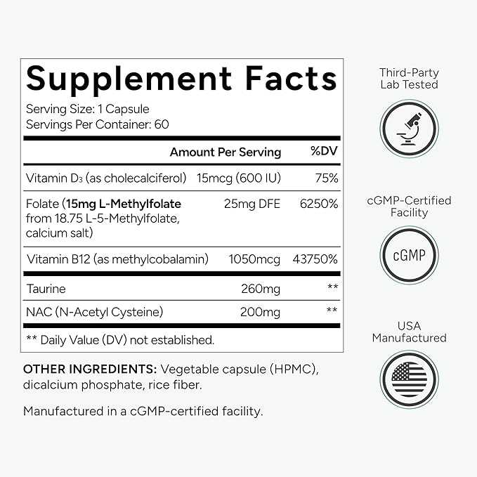 L-Methylfolate 15mg plus Methyl B12, D3, Taurine & NAC | 5-MTHF (Bioactive B9) Professional Strength | Methylated Vitamins to Support Mood, Nerve Health & Methylation* | MTHFR Supplement | 60 Capsules