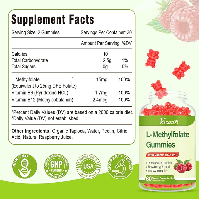 L-Methylfolate 15 mg Gummies with Methyl B12, Folate Supplement for Mood, Brain Health, Immune Support, Raspberry Flavor, 120 Count