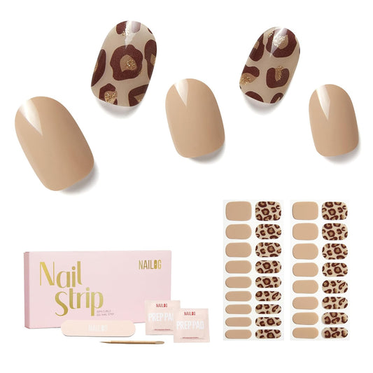 Semi Cured Gel Nail Strips - NAILOG 34 Pcs Gel Nail Stickers | Buy 2 Get 1 UV Light | Extra Long Nail Wraps with Glossy Gel Finishing Brown, Desert Wild