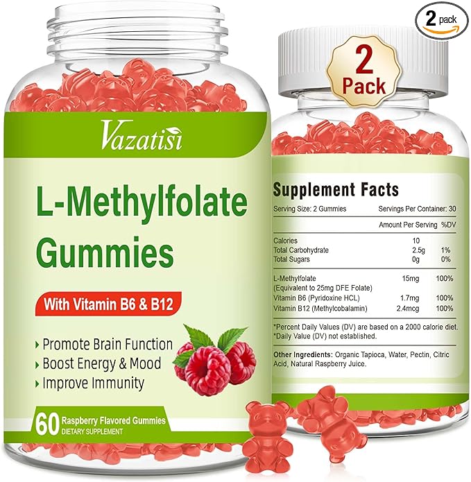 L-Methylfolate 15 mg Gummies with Methyl B12, Folate Supplement for Mood, Brain Health, Immune Support, Raspberry Flavor, 120 Count