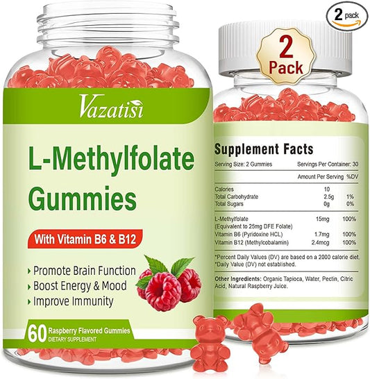 L-Methylfolate 15 mg Gummies with Methyl B12, Folate Supplement for Mood, Brain Health, Immune Support, Raspberry Flavor, 120 Count