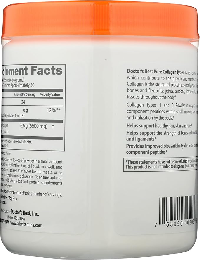 Doctor's Best Pure Collagen Types 1 & 3, Promotes Healthy Skin Hair & Nails – Bone & Joint Support, 7.1 Ounce (Pack of 1)