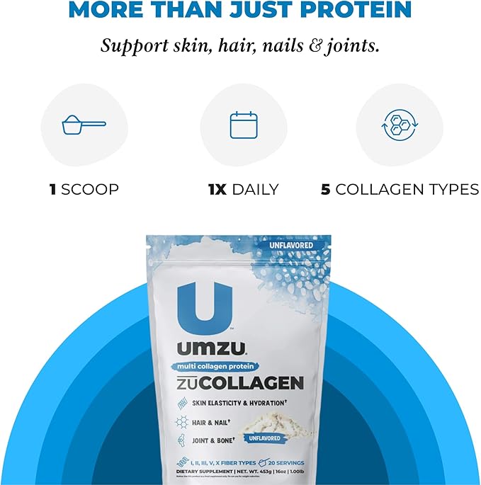 UMZU ZuCollagen Hydrolyzed Protein Powder | 5 Collagen Peptide Types for Healthy Hair, Skin, Nails, Joints & Gut | Low Calorie, High Protein (20g Protein per Serving | Unflavored)