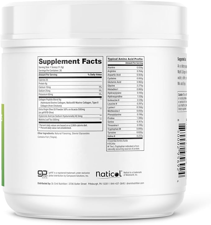 Collagen Peptides Powder - Matcha Green Tea Collagen Powder for Women - Collagen Supplements for Hair, Skin & Nails with Hyaluronic Acid - 9g Protein per Serving