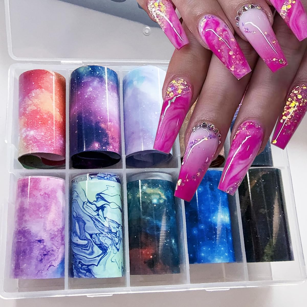 Marble Print Nail Art Foils Transfer Stickers 10PCS Marble Galaxy Pattern Nail Foils Adhesive Decals Nails Art Supplies Glossy Starry Sky Paper Transfer Slider for Women DIY Manicure Decorations