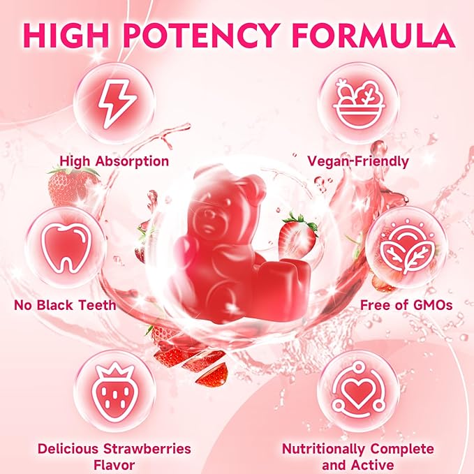 Vegan Iron Gummies for Adults & Kids - with Vitamin C, A, B-Complex, Folate, Zinc, and Biotin - for Blood Building & Energy Support, 60 Gummies