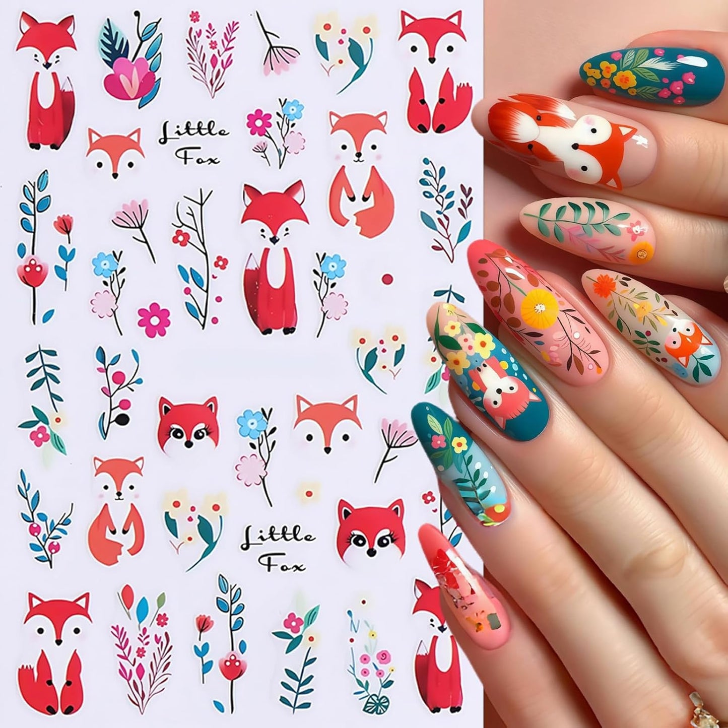 6Sheets Fall Leaf Nail Stickers Thanksgiving Day Fox Nail Stickers for Nail Art Cute Fox Flower Nail Decals 3D Self-Adhesive Cute Autumn Foxes Nails Supplies Nails Decoration for Women DIY Manicure