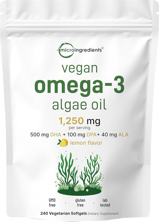 Vegan Omega 3 Algae Oil, 240 Veggie Softgels | Fish Oil Alternative | DHA 500mg & DPA 100mg | Carrageenan Free | Plant-Based Omega 3 with Flaxseed & ALA | Lemon Flavored