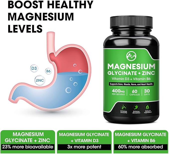 (2 Pack) Magnesium Glycinate Capsules, Magnesium Supplement 400 mg with Zinc,Vitamin D3 & B6 - Highly Bioavailable and Absorption - Bone,Heart,Joint,Immune Support - 120 Vegan Capsules for Women & Men