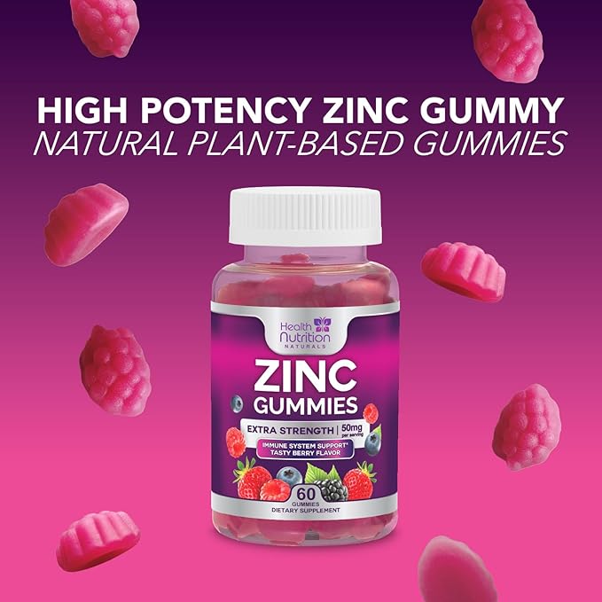Zinc Gummy for Adults 50mg, Max Strength Bone, Skin & Immune Support Zinc Gummies, Vegan, Non-GMO & Gluten Free, Immune Health Support, Nature’s Antioxidant Chewable Zinc Vitamins - 60 Gummies