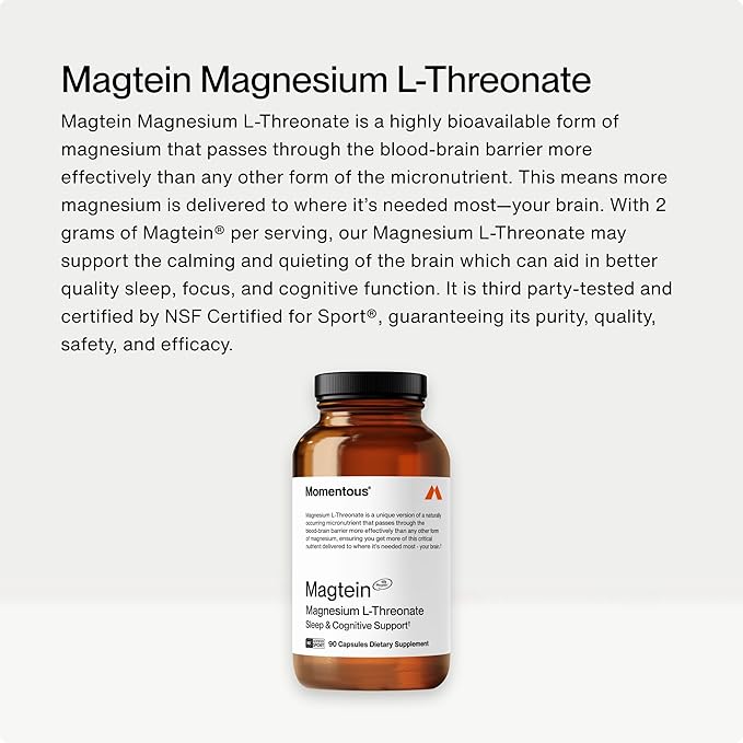 Momentous Magtein Magnesium L-Threonate 145mg - Magnesium Threonate Supplement for Cognitive Function & Rest Support - Magnesium L Threonate Capsules, 30 Servings (Package May Vary)