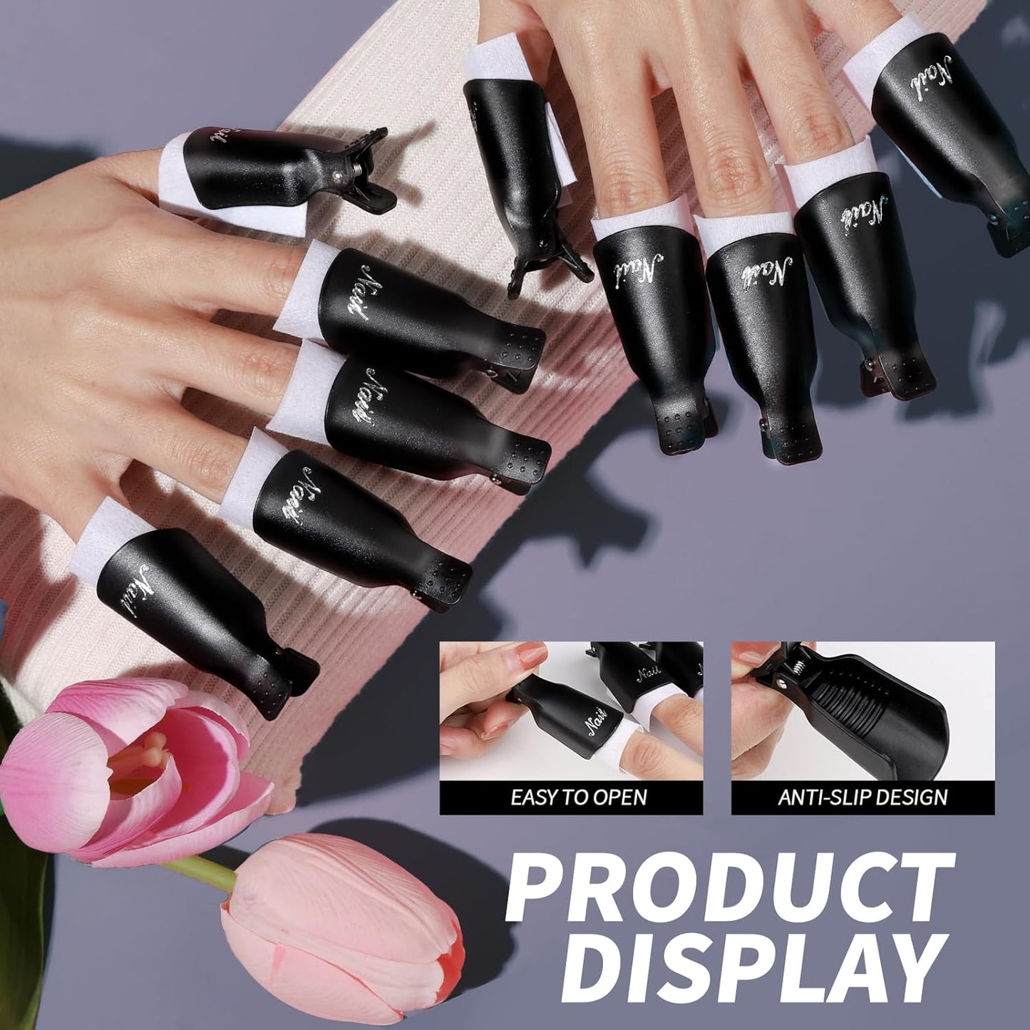 FANDAME Gel Nail Polish Remover Tools Kit, 10 PCS Nail Polish Remover Clips Black, 100ml Nail Polish Remover Bottle, 500PCS Cotton Pad, Nail Brush, Cuticle Pusher, Nail File, Buffer Block Tools kit