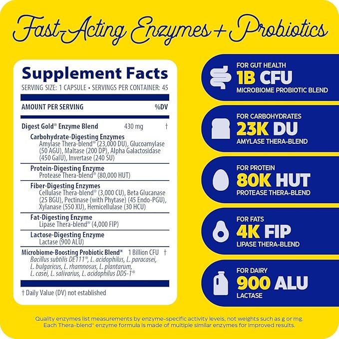 Enzymedica Digest Gold + Probiotics, 2-in-1 Formula for Gut Health, Digestive Enzymes & 1.5 Billion Active Probiotic Cultures, 45 Count