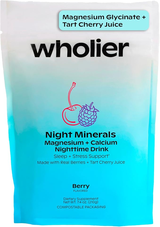 Wholier Magnesium Glycinate & Magnesium Citrate, Tart Cherry Juice, Chelated Calcium. Calming Nighttime Drink. Night Minerals.(30 Servings) Compostable Pouch